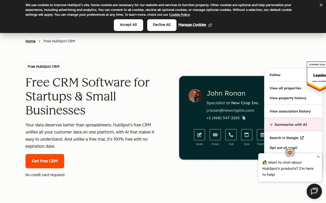 HubSpot CRM's public homepage, captured automatically on October 10, 2026. Not a logged-in account; the page may have changed since.