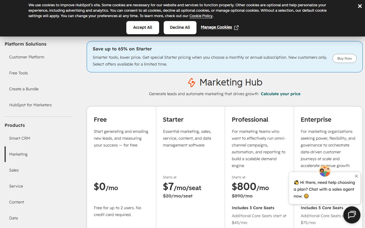 HubSpot CRM's pricing page as captured on October 10, 2026. Prices and tier contents change; the live page is the source of truth.