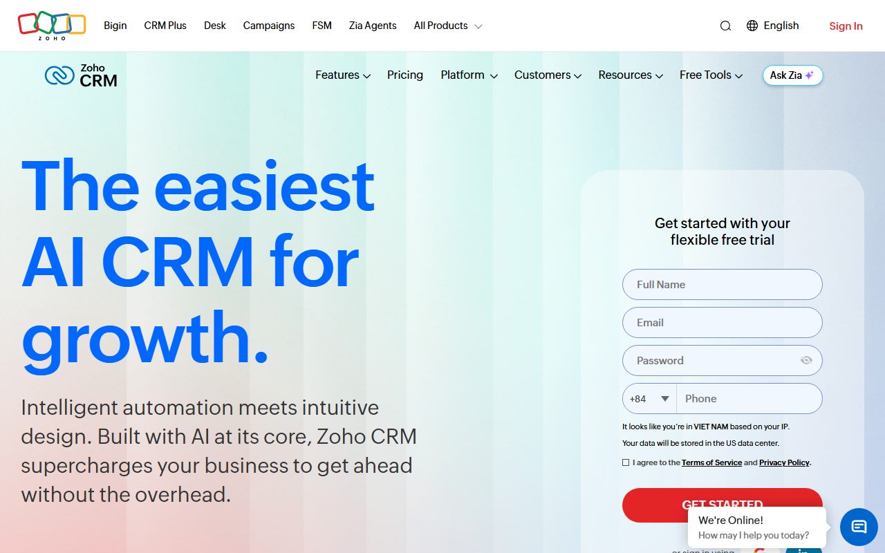 Zoho CRM's public homepage, captured automatically on October 10, 2026. Not a logged-in account; the page may have changed since.
